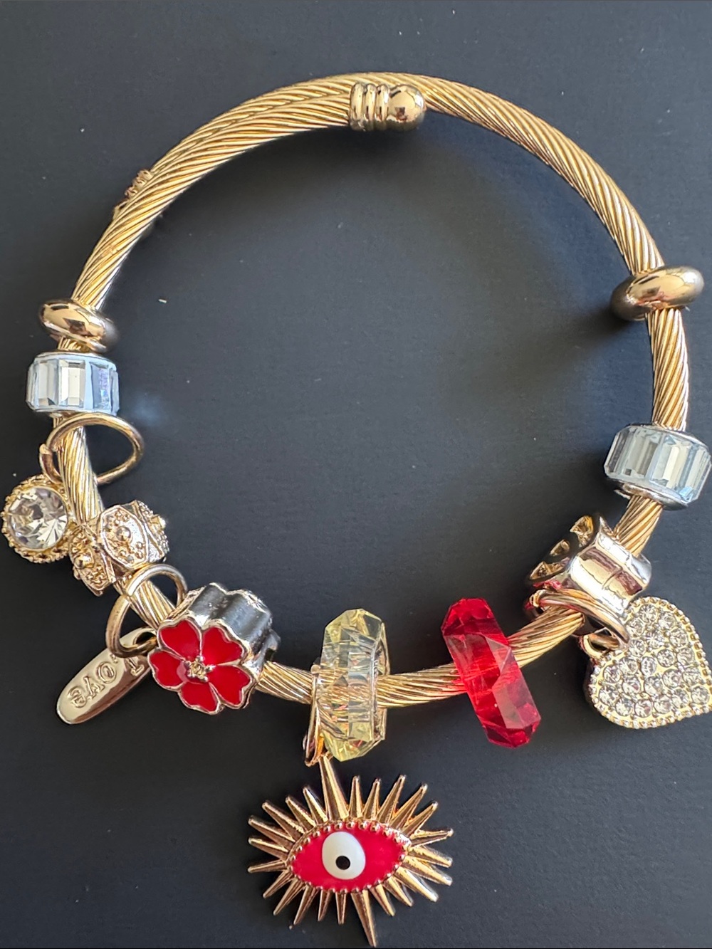 Gold-Tone Charm Bracelet with Red Eye & Floral Accents - Women Jewelry